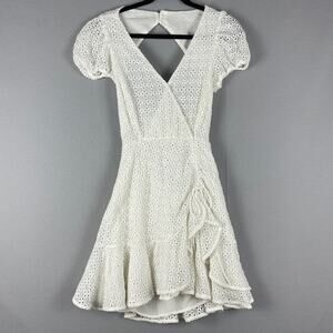 Bardot Nadia Tie Back Mini Eyelet Dress Womens 4 Ivory Ruffle Puff Sleeve NWT